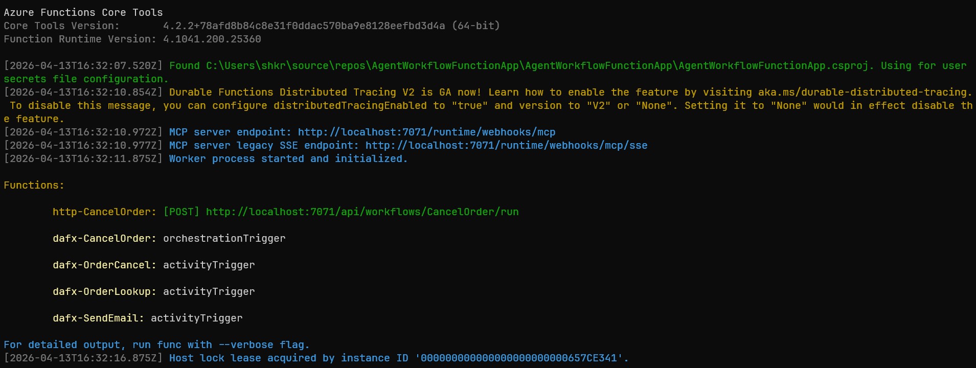 func start terminal output showing auto-generated durable functions