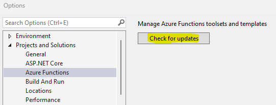 Check Azure functions tools updates available